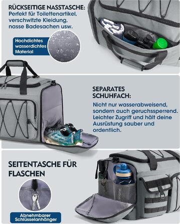 Спортивна сумка RAINSMORE 45L 3-в-1 для фітнесу та подорожей, водонепроникна дорожня сумка з відділенням для взуття та мокрих речей (Сіра)