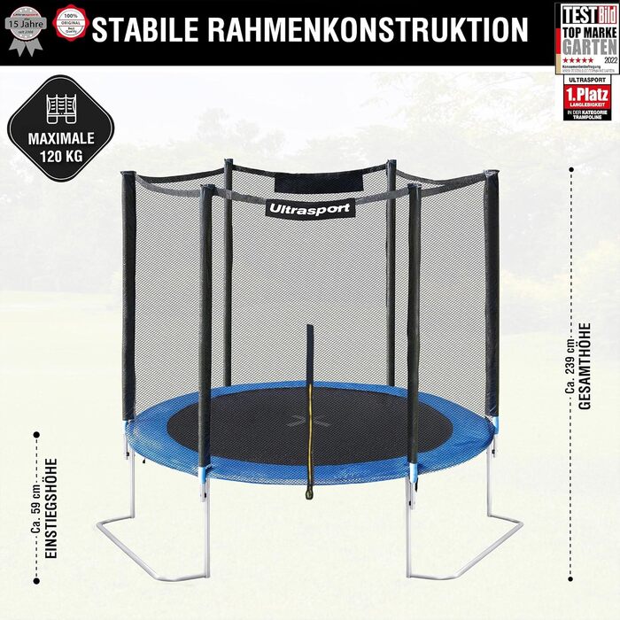 Трамплін Ultrasport SICHERSTE для дітей на відкритому повітрі Ø180-430 см, до 150 кг, з мережею безпеки та аксесуарами. Безпечний та тихий, блакитний.