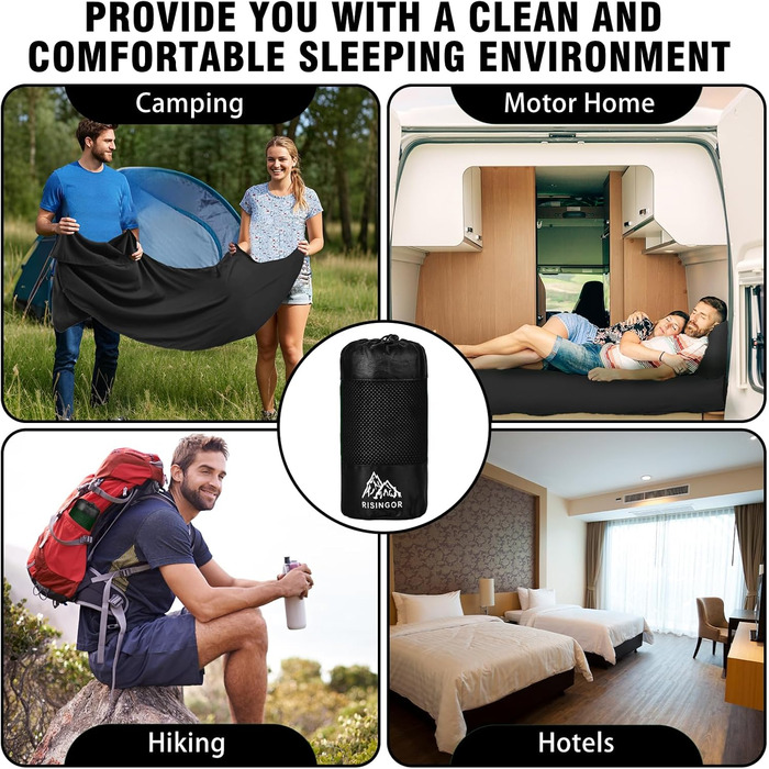 Спальний мішок туристичний бавовна, ультралегкий, для кемпінгу та піших прогулянок, з двостороннім замком, чорний