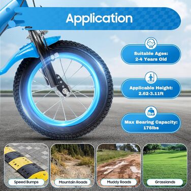 Дитяче велосипед 12 дюймів з регульованою висотою сидіння, з додатковими колесами та кошиком, для хлопчиків та дівчаток 2-5 років, блакитний