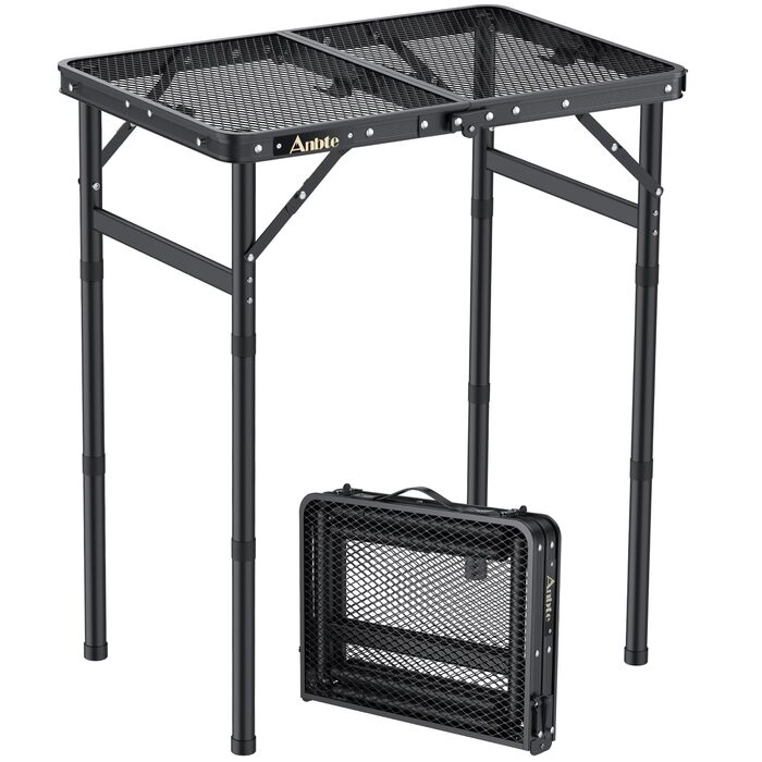 Стіл для кемпінгу Anbte Grilltisch 58x40 см, металевий, регульована висота (26/48/70 см), алюмінієвий каркас, чорний