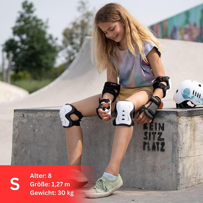 Набір захисту для скейтборду SKATEWIZ 6 в 1 для підлітків і дорослих, німецький виробник, білі: наколінники, налокітники, захист зап'ясть, розмір M