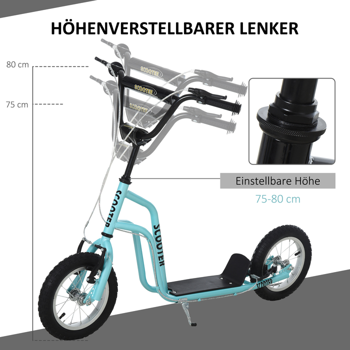 HOMCOM Scooter Kick Scooter Дитячий самокат Міський самокат з 12 дюймовими пневматичними шинами, кікборд для дітей від 5 років, синій, регульований 120x58x75-80см
