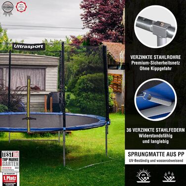 Трамплін Ultrasport SICHERSTE для дітей на відкритому повітрі Ø180-430 см, до 150 кг, з мережею безпеки та аксесуарами. Безпечний та тихий, блакитний.