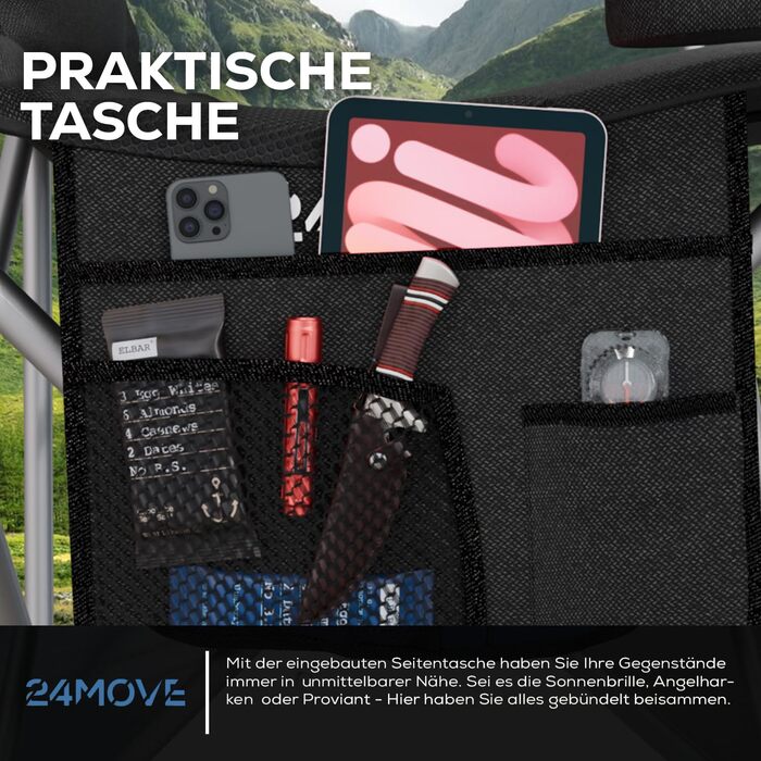 Крісло для кемпінгу 24MOVE® складне, 150 кг, з підлокітниками, кишенею для напоїв та сумкою, чорне