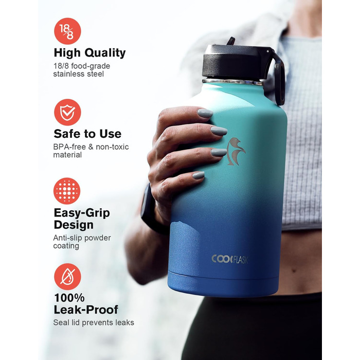 Ізольована пляшка для води Coolflask 2L з трубочкою та 3 кришками, з нержавіючої сталі, для спорту та офісу, подвійне вакуумне покриття, без витоку