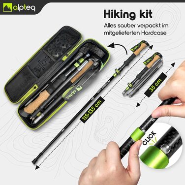 Складні трекінгові палиці для походів та Nordic Walking: карбон/алюміній, ручка з корку, 115-135 см, салатовий