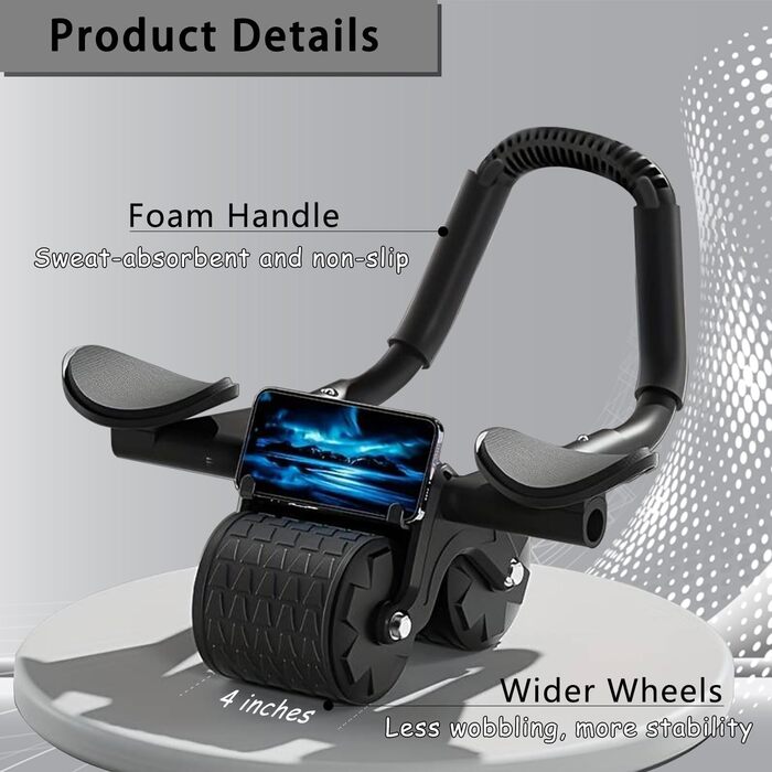 Ролер для пресу Ab Roller з підтримкою ліктів, тренажер для пресу з автоматичним відскоком, ролер для пресу з килимком для колін для чоловіків та жінок, тренування пресу на подвійних колесах, стабільний, чорний