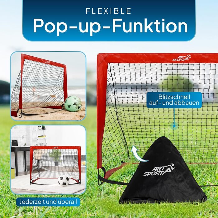 ArtSport Ворота для футболу Pop-up Goal Master - комплект 2 шт. з аксесуарами - складні та готові до гри - 2 футбольні ворота для дому та саду - дитячий футбол, ворота (червоний)