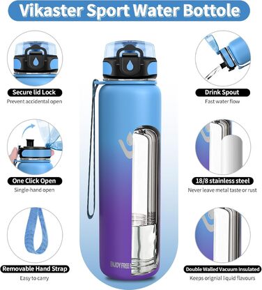 Термос-пляшка Vikaster 500 мл/1000 мл, нержавіюча сталь, без BPA, для спорту, подорожей, фітнесу (чорний & винно-червоний, блакитний & фіолетовий)