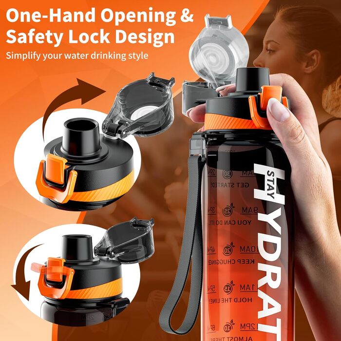 Спортивна пляшка для води з позначеннями часу, 1000 мл, Tritan, без BPA, вихідний колір - Sunset Orange