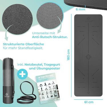 Килимок для гімнастики KESSER® з ручкою для перенесення, TPE, антиковзкий, для йоги, фітнесу, пілатесу та тренувань, 183 x 61 см