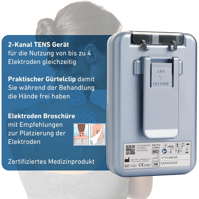 Пристрій TENS Axion STIM-PRO Comfort для терапії болю - комплект з 4 електродів 5x5 см | Reizstromgerät для лікування артрозу, артриту, болю в шиї, спині та суглобах | Сертифікований медичний продукт