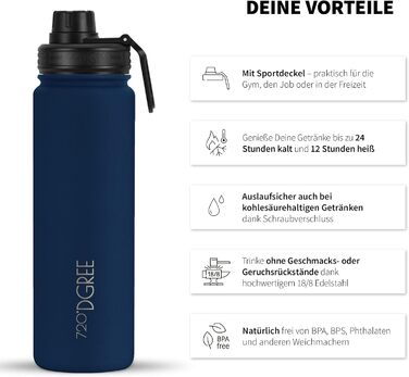 Термос 720°DGREE з нержавіючої сталі 710 мл Sapphire Blue, ізольована пляшка для напоїв з контейнером для фруктів, спортивна кришка, герметична, підходить для газованих напоїв, BPA-free, для спорту, фітнесу, велосипеда