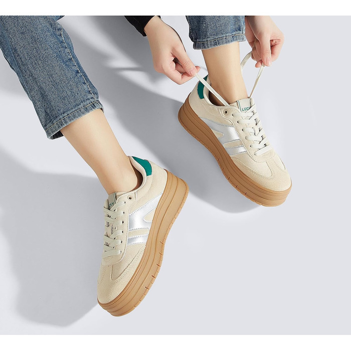 Кросівки LUCKY STEP Plateau Sneaker для жінок - платформа, канвас, ретро стиль, низький профіль, комфортні для повсякденного носіння, 42 EU, бежево-зелені
