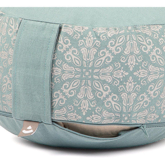 Крісло для медитації Bodhi RONDO | Знімний чохол 100% бавовна | Наповнювач з органічної дрібнозернистої пшениці | Висота 14-20 см | Петля для перенесення | Колекція Maharaja (Мінерально-блакитний RAJA/сріблястий-універсальний)