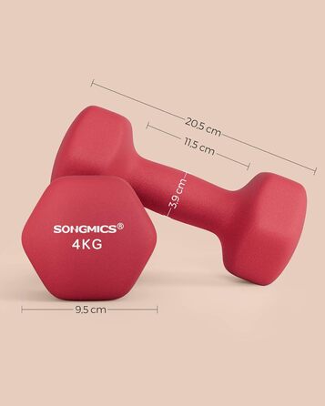 Гантелі SONGMICS 2×4 кг, шестигранні, неопрено́ві, набір для силових тренувань вдома, рубіново-червоні