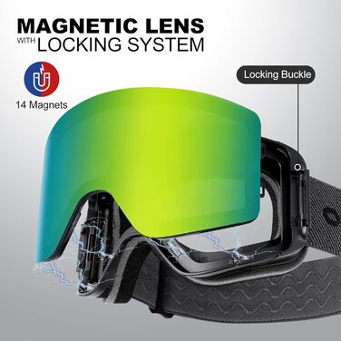 Одаленд Скі-маска для жінок та чоловіків, дітей. Снігові окуляри з антитуманним покриттям, захистом від УФ-випромінювання, магнітними змінними лінзами. Сумісні з шоломом для сноубордингу та катання на лижах. Чорний колір. VLT 8.8% (золоті лінзи — VLT 15%)