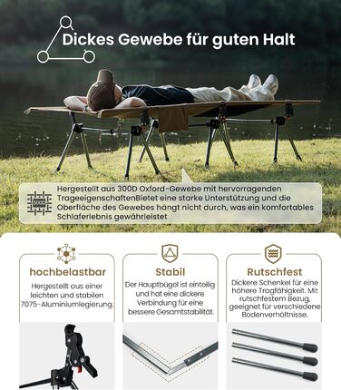 OneTigris SUPRANUBIS розкладне ліжко для кемпінгу 190x70 см, легке, портативне, до 150 кг, для намету, відпочинку на природі, подорожей, саду, офісу, колір Койот