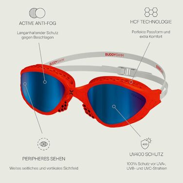 Окуляри для плавання OzeanX чоловічі/жіночі з UV400 захистом, антизапітні, з панорамними лінзами XVISION. Гідродинамічні, дзеркальні (червоно-білі/сині)