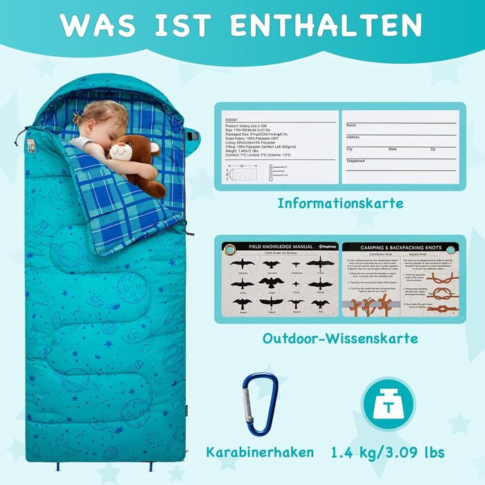 Сплячий мішок KingCamp для дітей, фланелевий, легкий, водонепроникний, компактний, зимовий, 4 сезони, для кемпінгу, підходить для дітей до 140 см, комфортна температура: 7°C (Блакитний L)