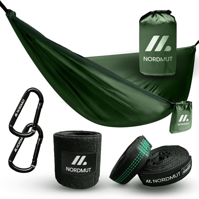 Гамак NORDMUT® ультралегкий для кемпінгу та відпочинку на природі [з набором кріплення] - 140x275 см, 300 кг, зелений
