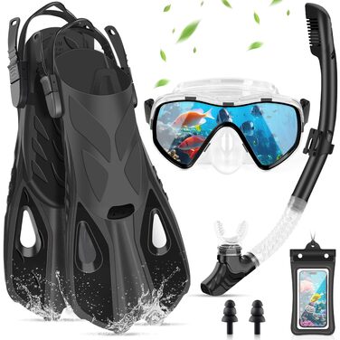 Набір для снорклінгу для дорослих, 7 предметів: маска, трубка, ласти, чохол для телефону, затички для вух, сумка. Чорний S/M