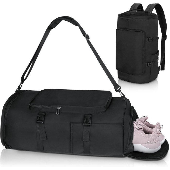 Спортивна сумка для чоловіків та жінок, 30-58L. Рюкзак, невелика сумка з відділенням для взуття та мокрих речей. Ідеальна для плавання, спорту, йоги, футболу (Чорний)