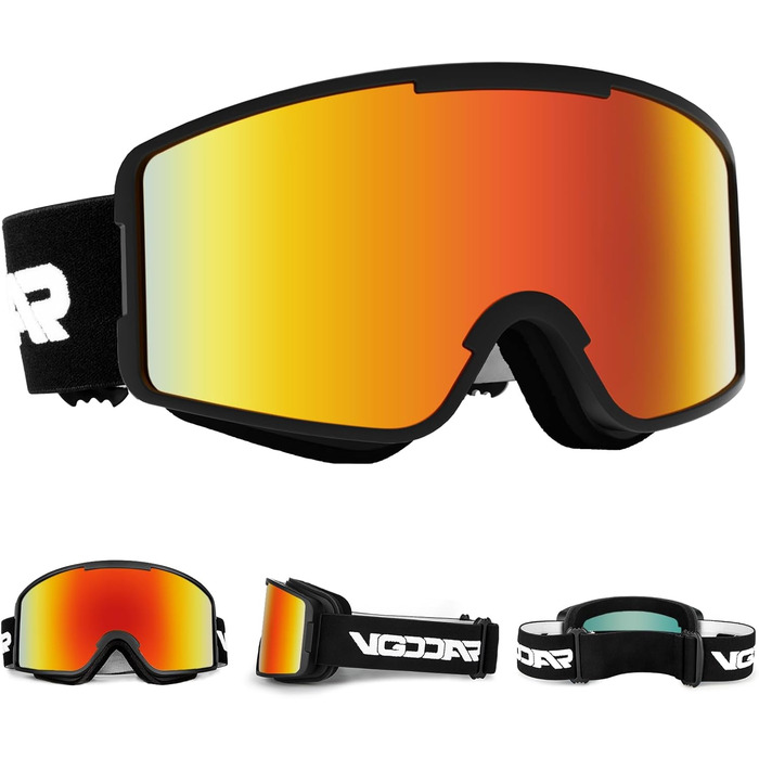 Снігові окуляри Vgooar з OTG циліндричною лінзою, регульованими ремінцями, 100% UV захистом, анти-туманне покриття для чоловіків та жінок, червоні