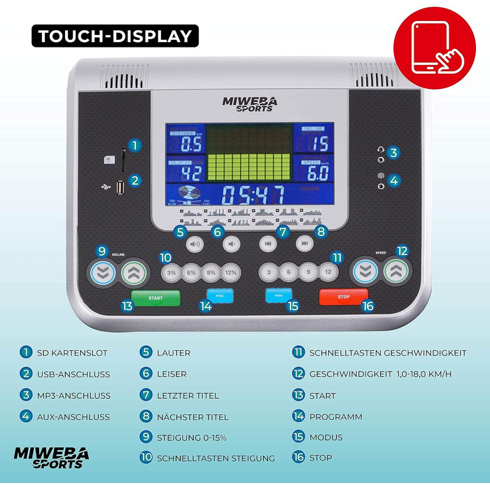 Електрична бігова доріжка Miweba Sports HT5000, 7 к.с., 18 км/год, нахил до 15%, до 150 кг, додаток, складана, велика бігова поверхня, 12 програм, домашній тренажер, фітнес-обладнання, чорна