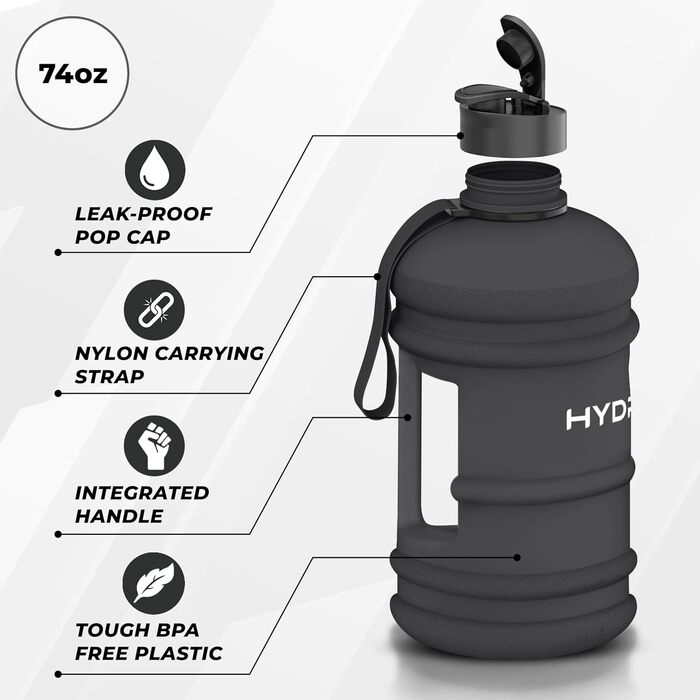 Фляга для води HYDRATE XL 2,2 л - Ідеальна для спортзалу, спорту та подорожей, без витоку, BPA-free, надміцна, фляга для тренувань або джумбо-фляга (Матова Чорна, 2188 мл)