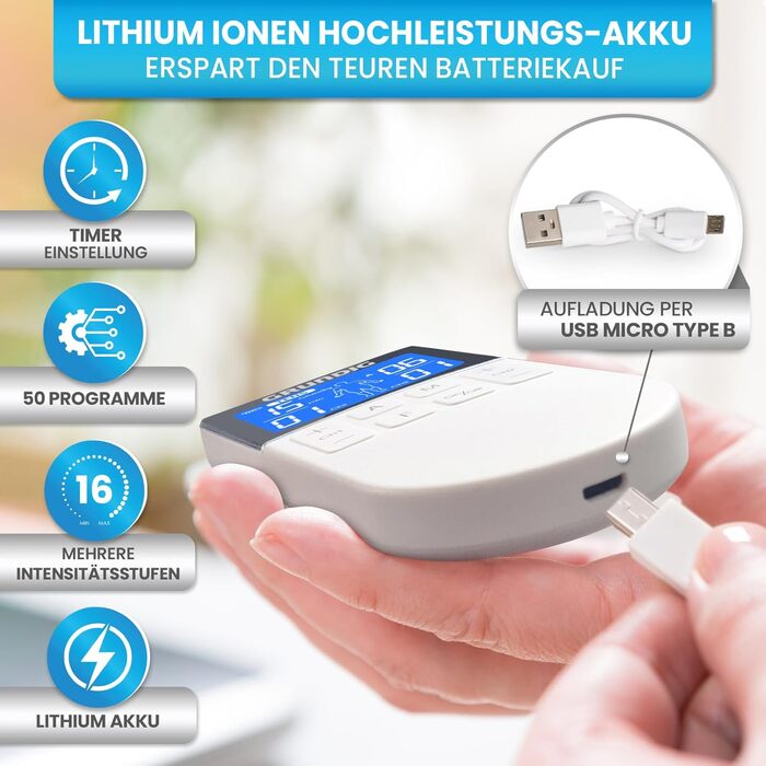 GRUNDIG Пристрій TENS для терапії болю, електростимулятор з 50 програмами та 16 рівнів інтенсивності - 3в1, EMS, акумуляторний, для розслаблення м'язів