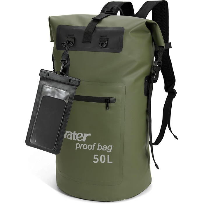 Водонепроникний рюкзак WELDUN 50L Rolltop Dry Bag з IPX8 чохлом для телефону, для каякінгу, кемпінгу, трекінгу, подорожей та водних видів спорту (Зелений, 50L)