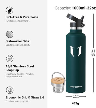 Фляга Super Sparrow з нержавіючої сталі - 350мл/500мл/620мл/750мл/1л - Термос-фляга, без BPA, для дітей, спорту, школи, фітнесу, з 2 кришками (1000 мл, нефрит)