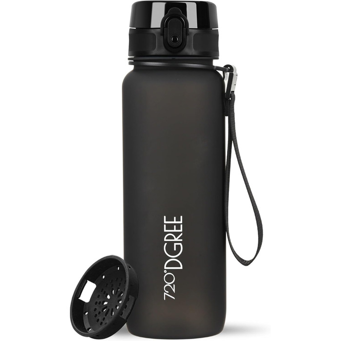 Спортивна пляшка для води 720°DGREE uberBottle 750 мл, мотиваційна шкала, знімна ручка, сито, BPA-free, тритан, для спорту, фітнесу, велосипеда, чорна