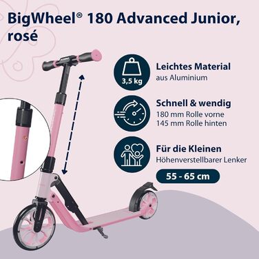Дитячий самокат HUDORA BigWheel 180 Advanced Junior, складаний, регульована висота, з відбивачами, для хлопчиків і дівчаток від 3 років, до 60 кг