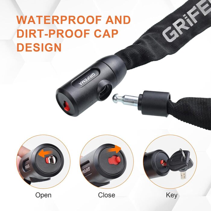 Замок для велосипеда GRIFEMA, висока безпека, ланцюговий, 7 мм x 1200 мм, чорний, з замком-кнопкою