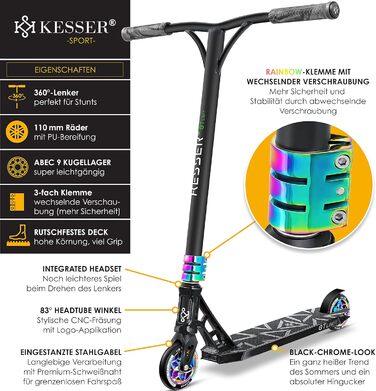 Трюковий самокат KESSER GT-Limit 360° для дітей і дорослих, з підніжкою, підшипники ABEC 9, 110 мм PU колеса, міський самокат для трюків