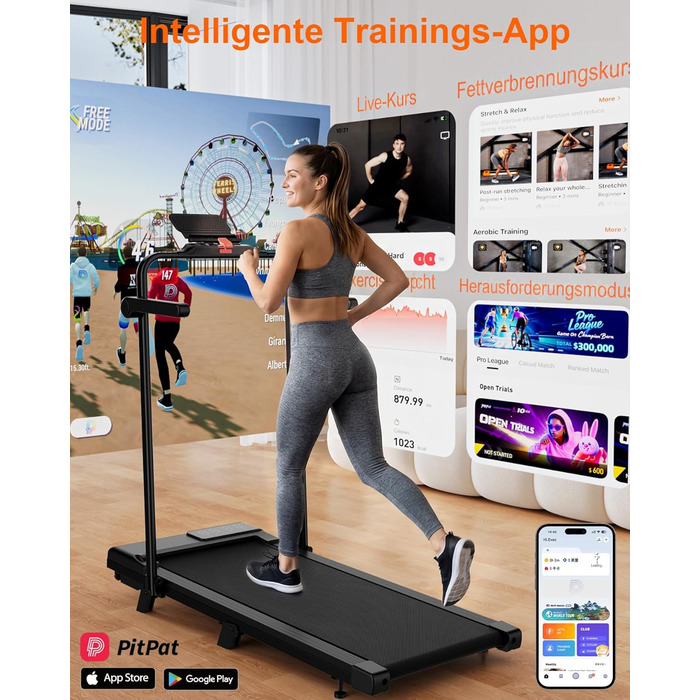 Складана бігова доріжка MJWW Raceable Walking Pad з нахилом 6-9%, 3.0 HP, керування через додаток, AI-тренування, LED-дисплей, для дому та офісу (Чорна, 95 см)