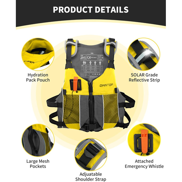 Рятувальний жилет Owntop для дорослих та юнаків з пискликом та рюкзаком для води | Легка унісекс куртка для SUP, каякінгу, риболовлі та інших водних видів спорту (XXS, жовтий)