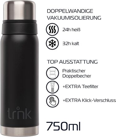 Термос trnk Outdoor polar 2, 750 мл, нержавіюча сталь, BPA-free, з 2 чашками, тримає тепло 24 години, нічний чорний, придатний для миття в посудомийній машині