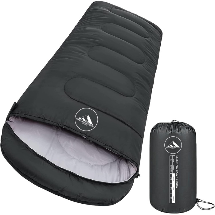 Спальний мішок HikeMeister® Mumienschlafsack 1600 г - для кемпінгу, чорний, 220 x 80 см, з внутрішньою кишенею, комфортна температура 0-15°C, з чохлом для перенесення