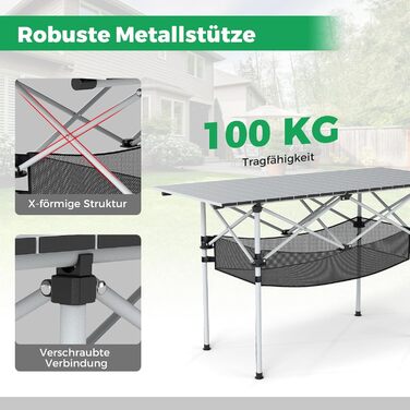 Складний кемпінговий стіл COSTWAY 119x55 см з алюмінієвою стільницею та сітчастою корзиною, до 100 кг, з сумкою для транспортування, для кемпінгу, саду (Срібний)