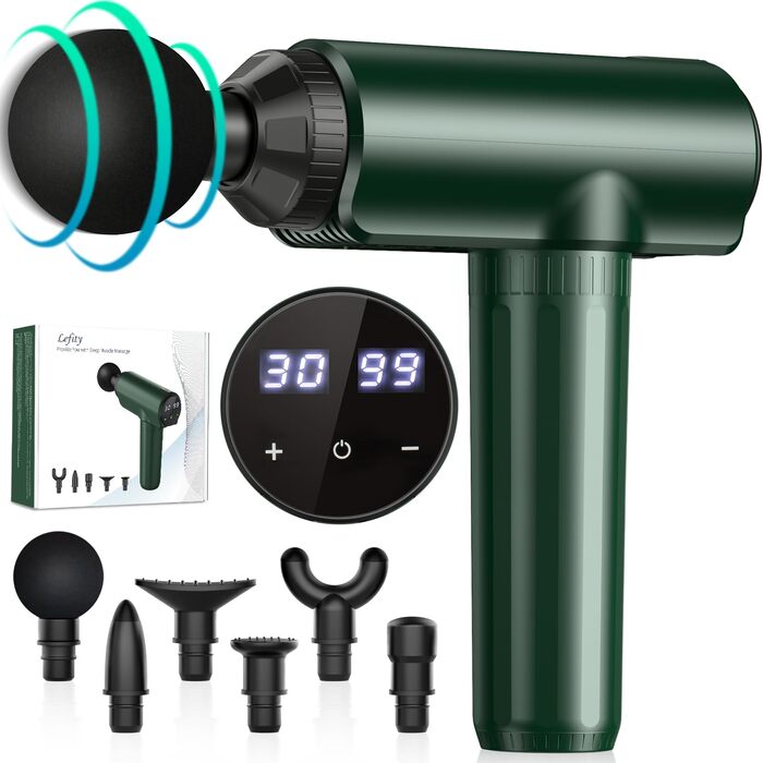 Перкусійний масажер Lefity Massage Gun, 6 насадок, 30 рівнів швидкості, акумулятор 2600mAh, USB-C, для шиї, плечей та спини, Зелений