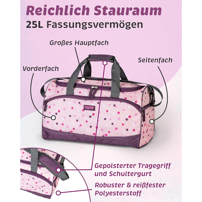 Дитяча спортивна сумка Kinder Sporttasche 25 л для дівчаток - рожево-фіолетовий принт, з відділенням для взуття та мокрих речей, регульований плечовий ремінь