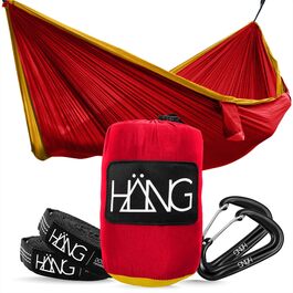 Гамак HÄNG XXL 300x170 см для 2 осіб бордово-золотий - вуличний, вологостійкий, ультралегкий (850г), вантажопідйомність 200 кг. Парашутна тканина для кемпінгу, подорожей та саду + комплект кріплень