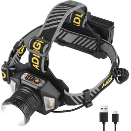 Ліхтар на лоб SternSinn LED акумуляторний, налобний ліхтар з сенсором, регулюванням фокусу, IP65 вологостійкий, 8 режимів освітлення та задній ліхтар, кут нахилу 90° для кемпінгу та риболовлі