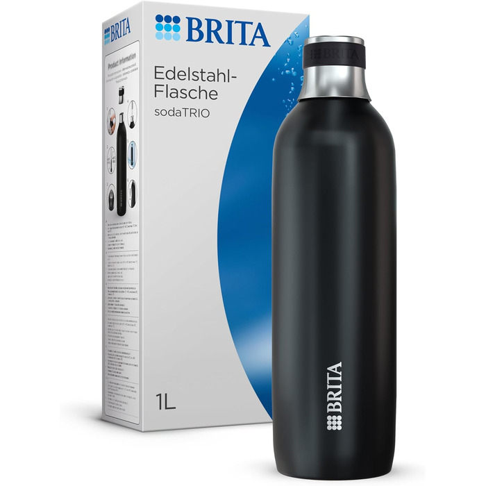 Пляшка BRITA з нержавіючої сталі 1 л чорна для газування води sodaTRIO — ізольована, подвійна стінка, преміум-якість, силіконове кільце для зручності, велика, чорна