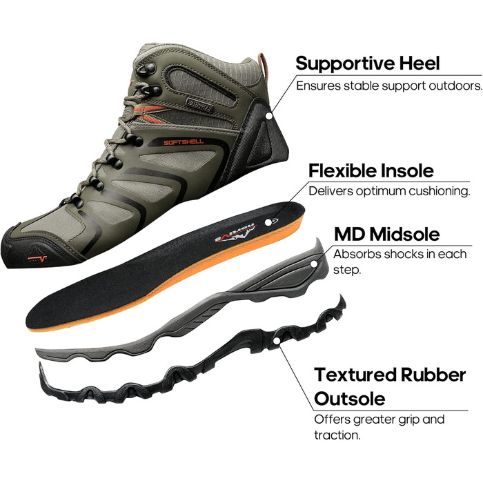 Чоловічі туристичні черевики NORTIV 8 - водонепроникні трекінгові черевики для хайкінгу та альпінізму, розмір 46 EU, широкі, оливковий, чорний, помаранчевий