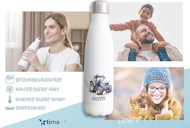 Персоналізований дитячий термос timalo® з іменем, герметична пляшка з нержавіючої сталі 350 мл, для хлопчиків і дівчаток, з трактором